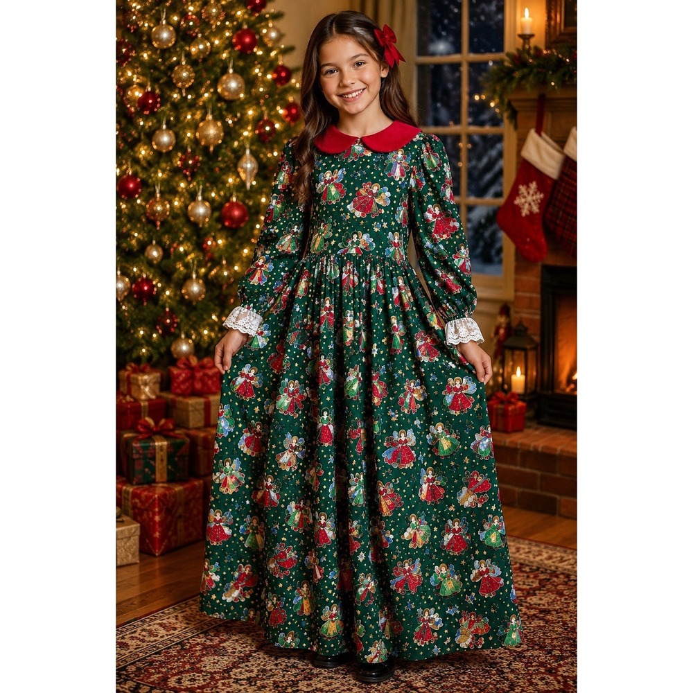 Vintage Handmade Girls Christmas Dress Sz 10? Green Red Velvet Collar Lace
